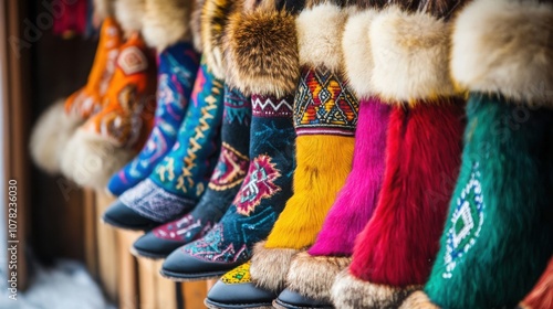 traditional Yakutian fur clothing shop, colorful jackets and boots, handcrafted winter apparel photo