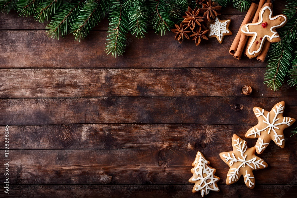 Overhead view of a rustic wooden table with christmas cookies cinnamon sticks and fir branches, Ai Generated Overhead view of a rustic wooden table with christmas cookies cinnamon sticks and fir branches, Ai Generated