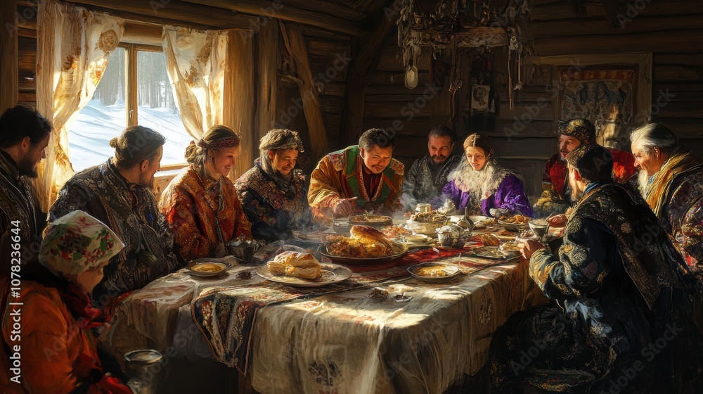 Yakut family gathering in a cozy wooden home, traditional meal, warmth contrasting outside cold Yakut family gathering in a cozy wooden home, traditional meal, warmth contrasting outside cold