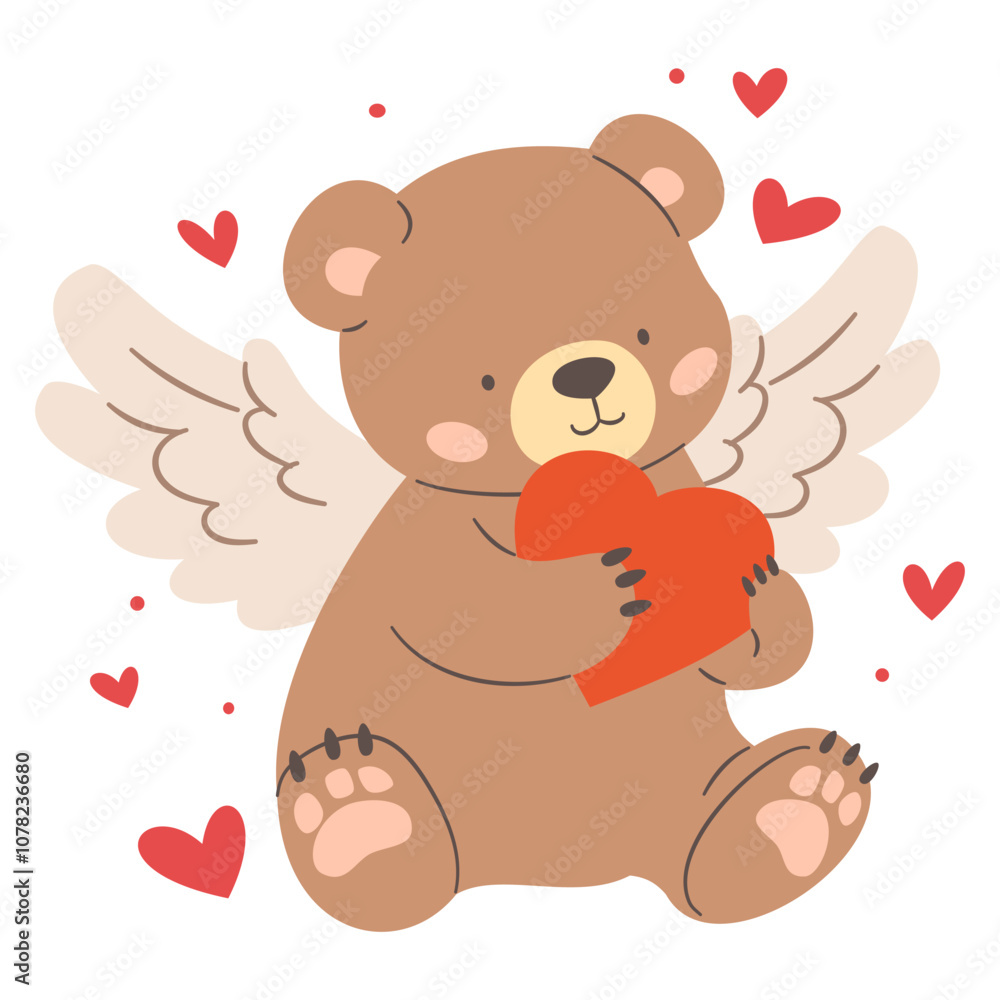 Fototapeta premium A flat vector illustration in a simple children's style. Cute cupid bear with wings, hearts. Vector illustration