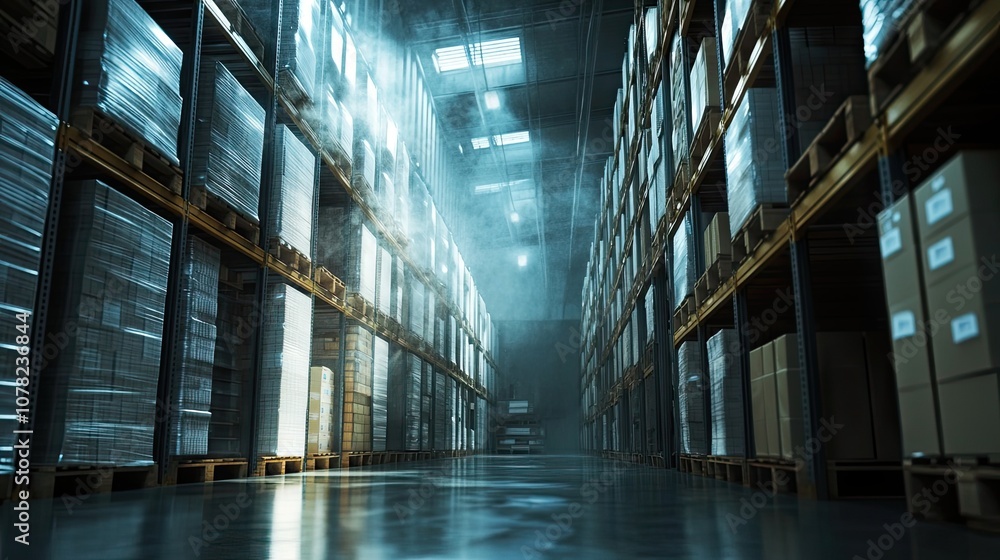 A Misty Warehouse Aisle Lined with Pallets of Goods A Misty Warehouse Aisle Lined with Pallets of Goods