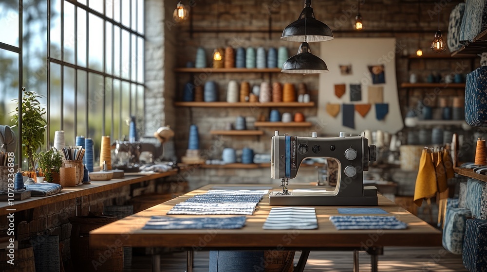 Sewing studio with a machine, fabric, and organized shelves. Sewing studio with a machine, fabric, and organized shelves.