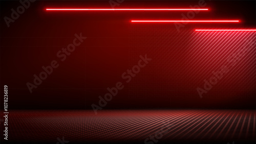 Studio interior with carbon fiber texture. Modern carbon fiber textured red black interior with light. Background for mounting, product placement. Vector background, template, mockup