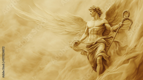 Hermes with winged sandals and a caduceus staff, his form blurred slightly as if in motion, his expression playful
