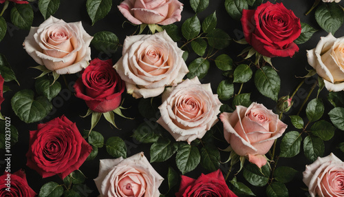A close-up view of red and pink roses with green leaves, arranged on a dark background