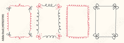 Hand Drawn frame set with doodle bows, ribbons. Whimsical line borders for birthday, christmas, wedding Invitations. Coquette bow set. Vintage minimalist elements in trendy line art style. Vector illu