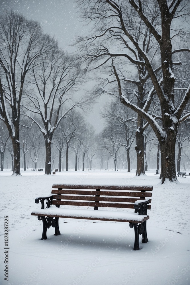 winter landscape, in a deserted park there is a snow-covered bench and around it trees in the snow winter landscape, in a deserted park there is a snow-covered bench and around it trees in the snow