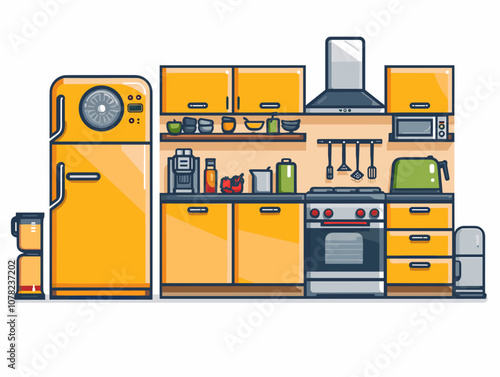 Kitchen interior with fridge, stove and oven. Vector illustration.