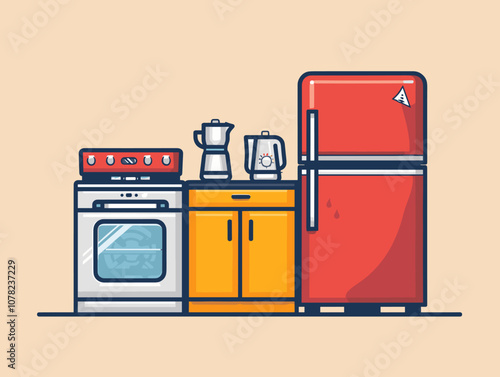 Kitchen interior with fridge, stove and oven. Vector illustration.