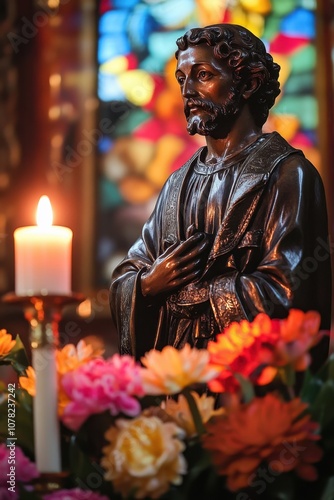 Feast of St. Francis Xavier Religious reverence with saint statue and candlelit flowers in sacred space photo