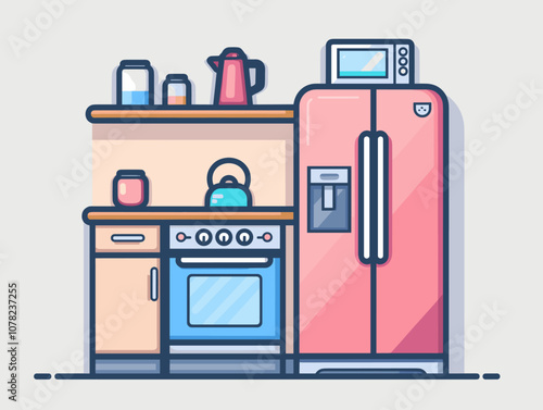Kitchen interior with fridge, stove and oven. Vector illustration.