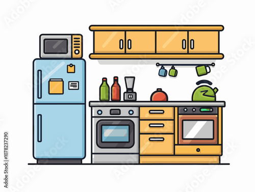 Kitchen interior with fridge, stove and oven. Vector illustration.