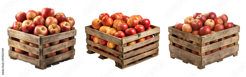 Fresh red apples arranged in wooden crates for vibrant market display, Cutout, Isolated on White Background Fresh red apples arranged in wooden crates for vibrant market display, Cutout, Isolated on White Background