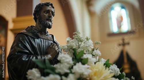 Feast of St. Francis Xavier Serenity and faith in a church: saintly statue amidst flowers
