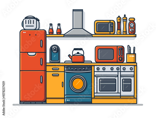 Kitchen interior with fridge, stove and oven. Vector illustration.