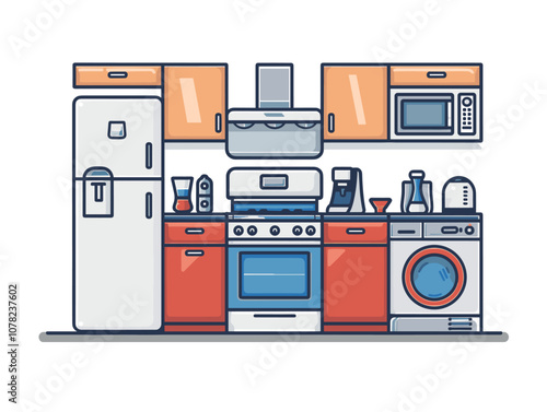 Kitchen interior with fridge, stove and oven. Vector illustration.