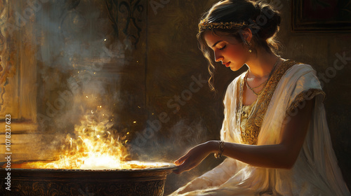 Hestia tending a glowing hearth, her expression serene and warm, with gentle light illuminating her modest attire