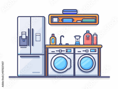 Kitchen interior with fridge, stove and oven. Vector illustration.