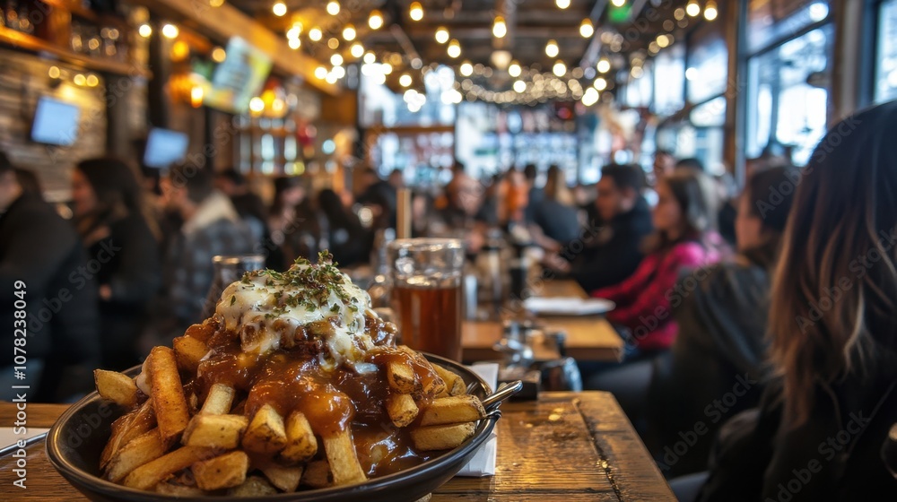 La Poutine Week Cozy restaurant ambiance with loaded fries and rustic lighting design La Poutine Week Cozy restaurant ambiance with loaded fries and rustic lighting design
