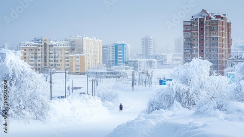 Yakutsk cityscape, buildings under thick snow, people adapting to extreme cold, bustling winter life photo