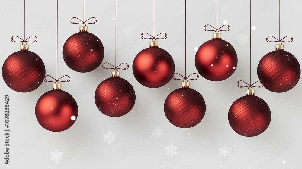 Festive Christmas background with red Christmas balls with gold ornaments hanging on thin strings on a light colored background with falling snow. Festive Christmas background with red Christmas balls with gold ornaments hanging on thin strings on a light colored background with falling snow.