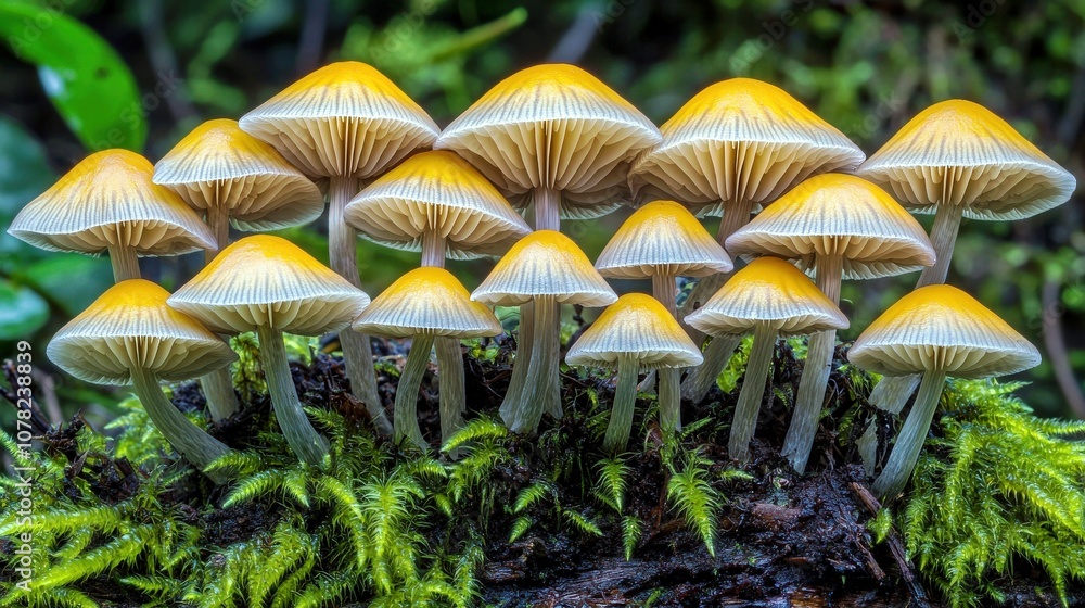 Fototapeta premium Vibrant Yellow Mushrooms Surrounded by Lush Green Moss in a Moist Forest Environment Creating a Stunning Natural Scene