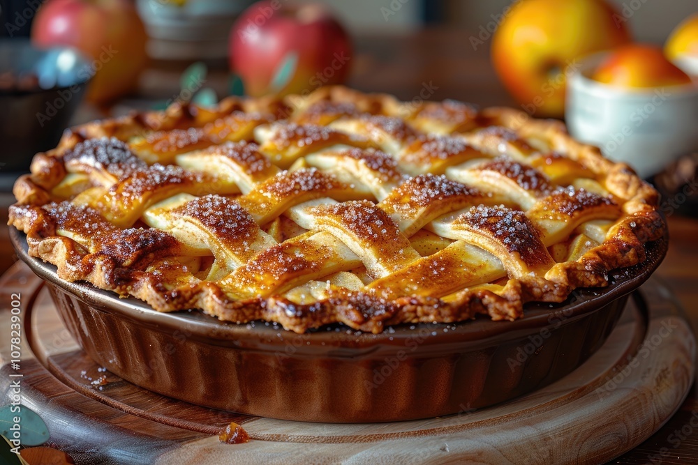Close-up of a golden brown apple pie with a lattice crust and a sprinkle of sugar Close-up of a golden brown apple pie with a lattice crust and a sprinkle of sugar