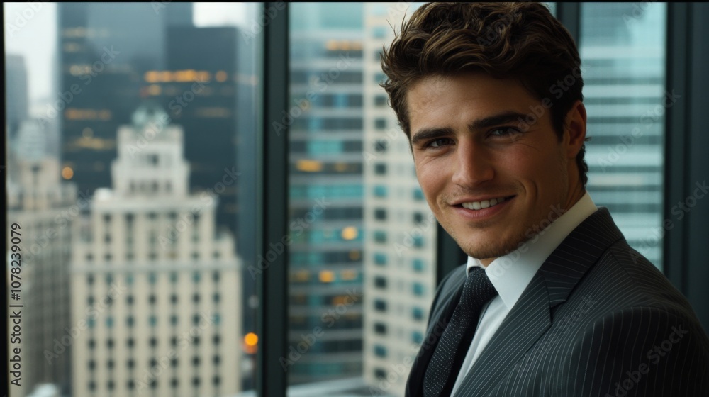 Confident Businessman Smiling Against Urban Skyline in Modern Office