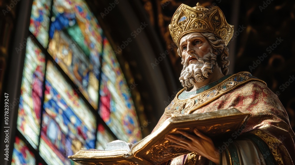 Fototapeta premium Feast of St. Ambrose Religious figure in ornate attire with intricate stained glass window background
