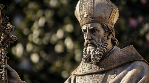 Historic sculpted bishop in ornate robes with intricate details Feast of St. Ambrose