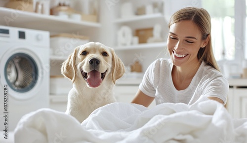 Laundry cozy home concept. A woman smiles while sitting with her happy dog in a bright laundry room, surrounded by bedding and a washing machine.