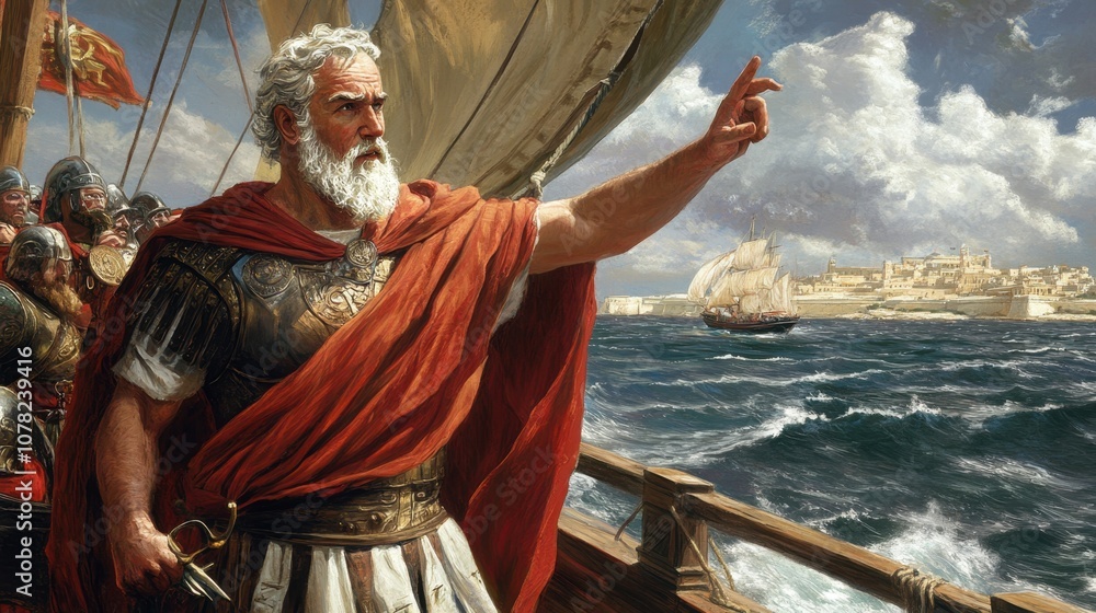 Obraz premium Legendary roman admiral commands fleet on stormy seas