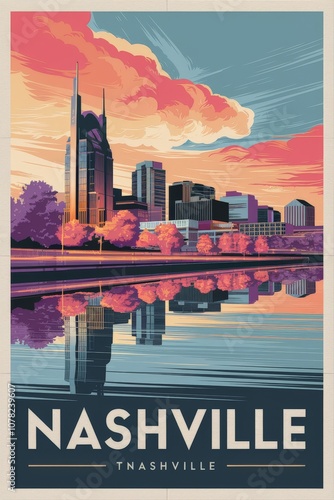 Vintage Travel Poster of Nashville: Vibrant Skyline and Serene Reflections Against a Colorful Sunset, Capturing the Essence of Southern Charm and Adventure.