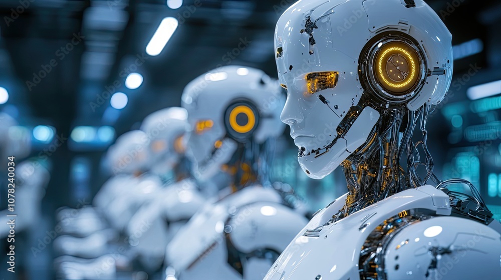 A Row of Humanoid Robots With Glowing Eyes and Exposed Wiring A Row of Humanoid Robots With Glowing Eyes and Exposed Wiring