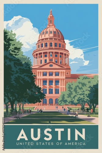 Vintage Travel Poster of Austin, Texas: Iconic Capitol Building Surrounded by Lush Greenery, Celebrating the Charm of this Vibrant U.S. City. photo