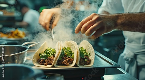 A chef is cooking tacos in the kitchen of an elegant restaurant, using only one tray to place them on. photo