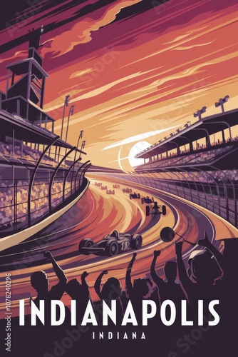Vintage Travel Poster: Iconic Indianapolis Motor Speedway at Sunset, Featuring Racing Cars and Enthusiastic Fans, Celebrating Indianas Racing Heritage.