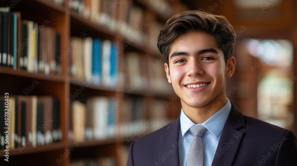 Fototapeta premium Confident Young Man in a Library Setting with Books in Background
