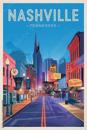 Vintage Travel Poster: Explore the Vibrant Cityscape of Nashville, Tennessee - Iconic Buildings, Neon Lights, and Classic Southern Charm Await!