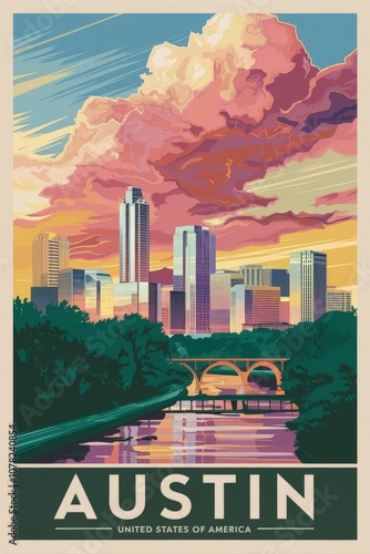 Charming Vintage Travel Poster Featuring Austins Iconic Skyline Against a Dramatic Sunset, Evoking Nostalgia and Adventure in the Heart of Texas.