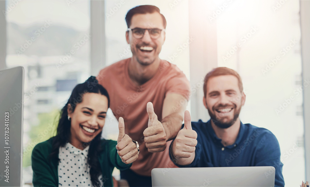 Portrait, teamwork and business people with thumbs up, laptop and support with agreement. Face, group and employees with computer, hand gesture and cooperation with partnership and positive energy Portrait, teamwork and business people with thumbs up, laptop and support with agreement. Face, group and employees with computer, hand gesture and cooperation with partnership and positive energy