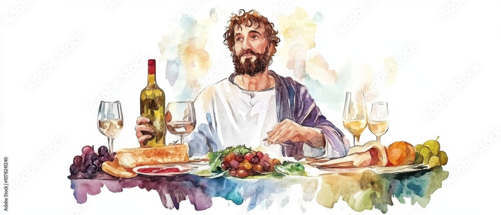 Feast of St. Ambrose Last supper inspired watercolor painting featuring jesus with wine and bread Feast of St. Ambrose Last supper inspired watercolor painting featuring jesus with wine and bread