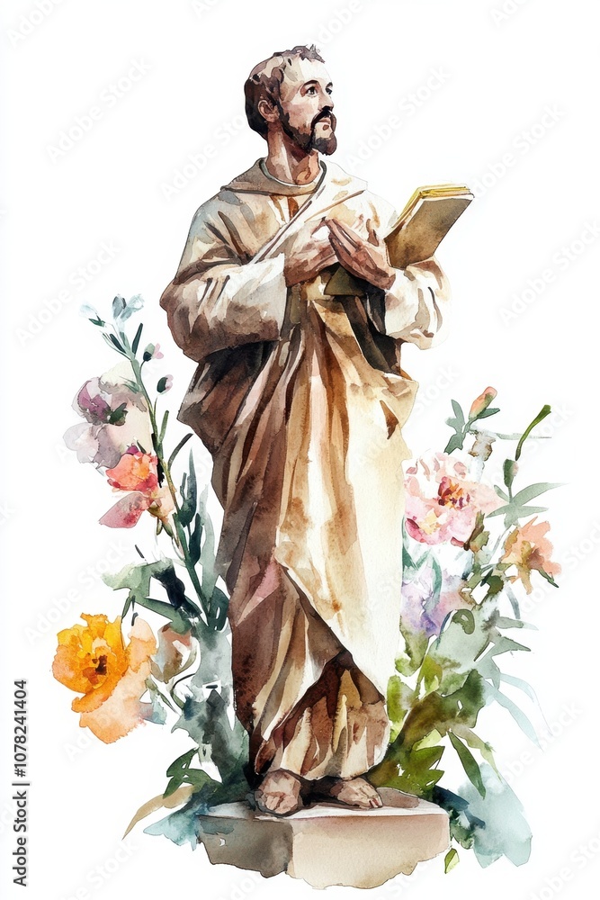 Obraz premium Feast of St. Francis Xavier Watercolor portrait of saint with flowers - religious art for spiritual inspiration