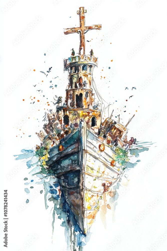 Feast of St. Paul's Shipwreck Nautical adventure watercolor of historic ship with cross and birds Feast of St. Paul's Shipwreck Nautical adventure watercolor of historic ship with cross and birds