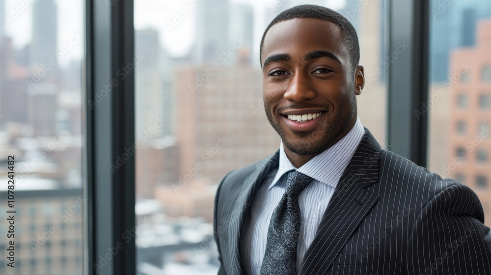Fototapeta premium Confident Businessman in Modern Office Setting with City View