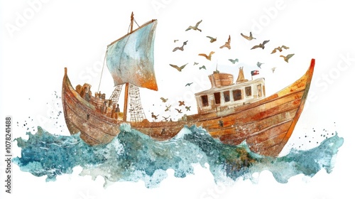 Feast of St. Paul's Shipwreck Rustic sailing ship on ocean waves with seagulls and blue sky for nautical themed design photo