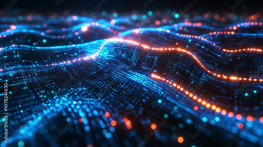 A blue and orange wave of light with many dots A blue and orange wave of light with many dots