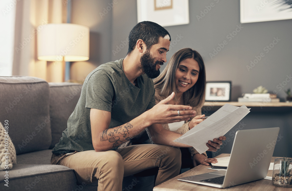 Couch, couple and discussion with document for finance, track expenses and success for budget goal. Laptop, man and woman with bills notes for tax review, handle savings or mortgage paperwork at home Couch, couple and discussion with document for finance, track expenses and success for budget goal. Laptop, man and woman with bills notes for tax review, handle savings or mortgage paperwork at home
