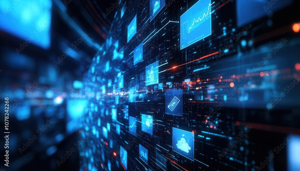 Futuristic digital data flow with blue screens and vibrant lights, representing advanced technology and information processing. Futuristic digital data flow with blue screens and vibrant lights, representing advanced technology and information processing.