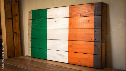 Wooden Irish flag with green, white, and orange colors for St. Patrick's Day celebration
 photo